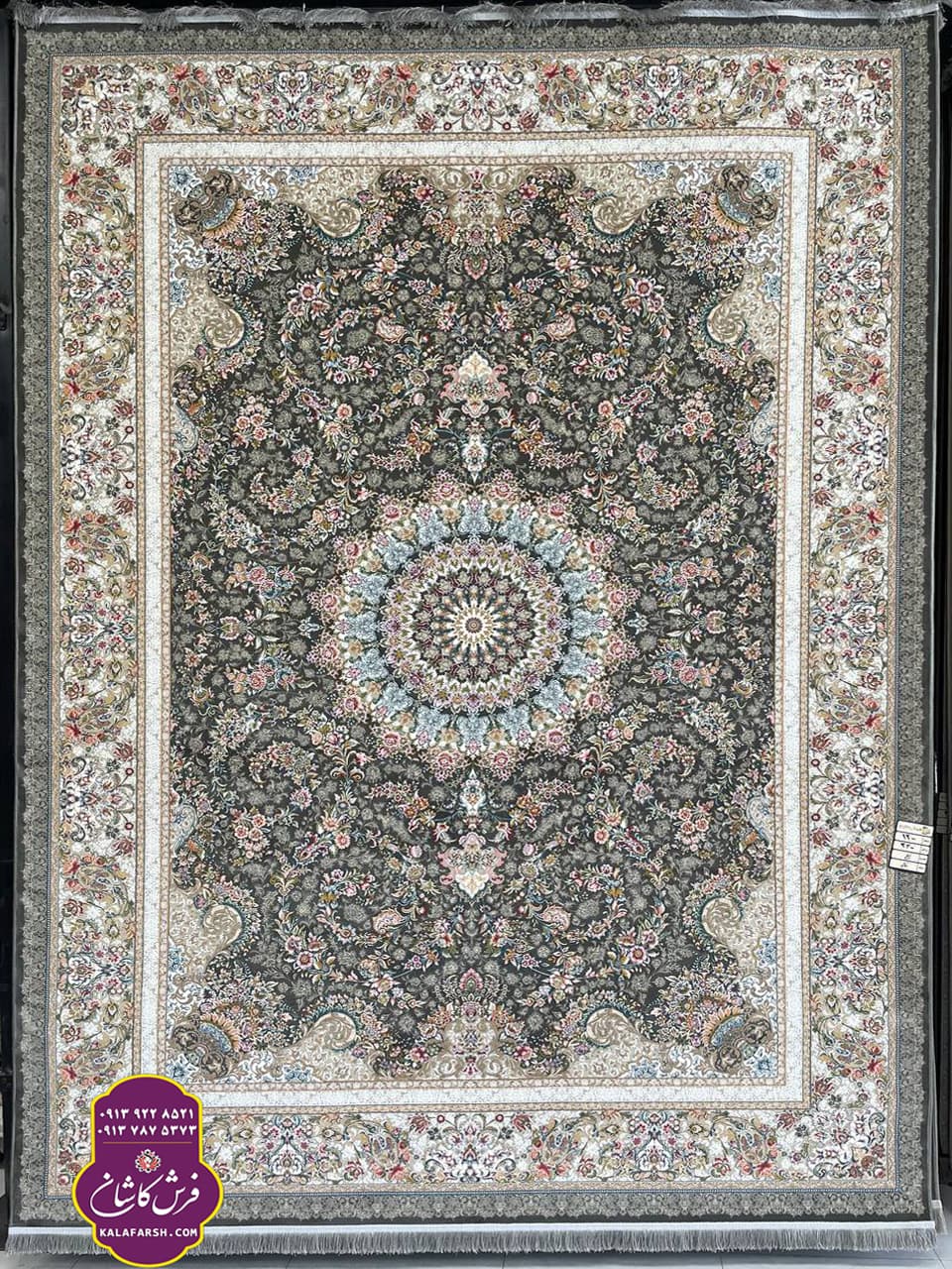 تصویر فرش ترنج زغالی 1200 شانه گل برجسته — نمای 1